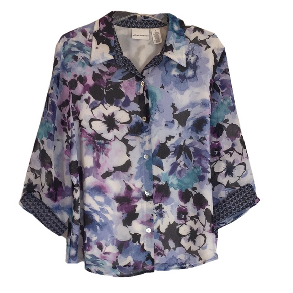 ALFRED DUNNER Sz 18  3/4 Sleeve Pit to Pit 24 1/2 " Blues Lavenders Preworn - Picture 1 of 16
